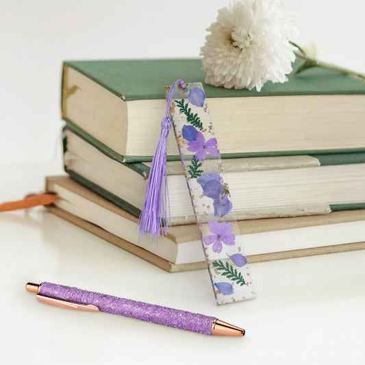 Flower Resin Bookmarks, Dried Flower Resin Bookmark with Fancy Pen Gift Set for Women, Book Lovers, Plant Enthusiasts(Purple)