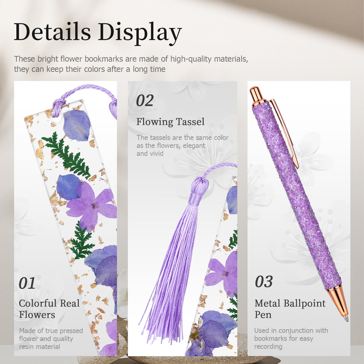 Flower Resin Bookmarks, Dried Flower Resin Bookmark with Fancy Pen Gift Set for Women, Book Lovers, Plant Enthusiasts(Purple)