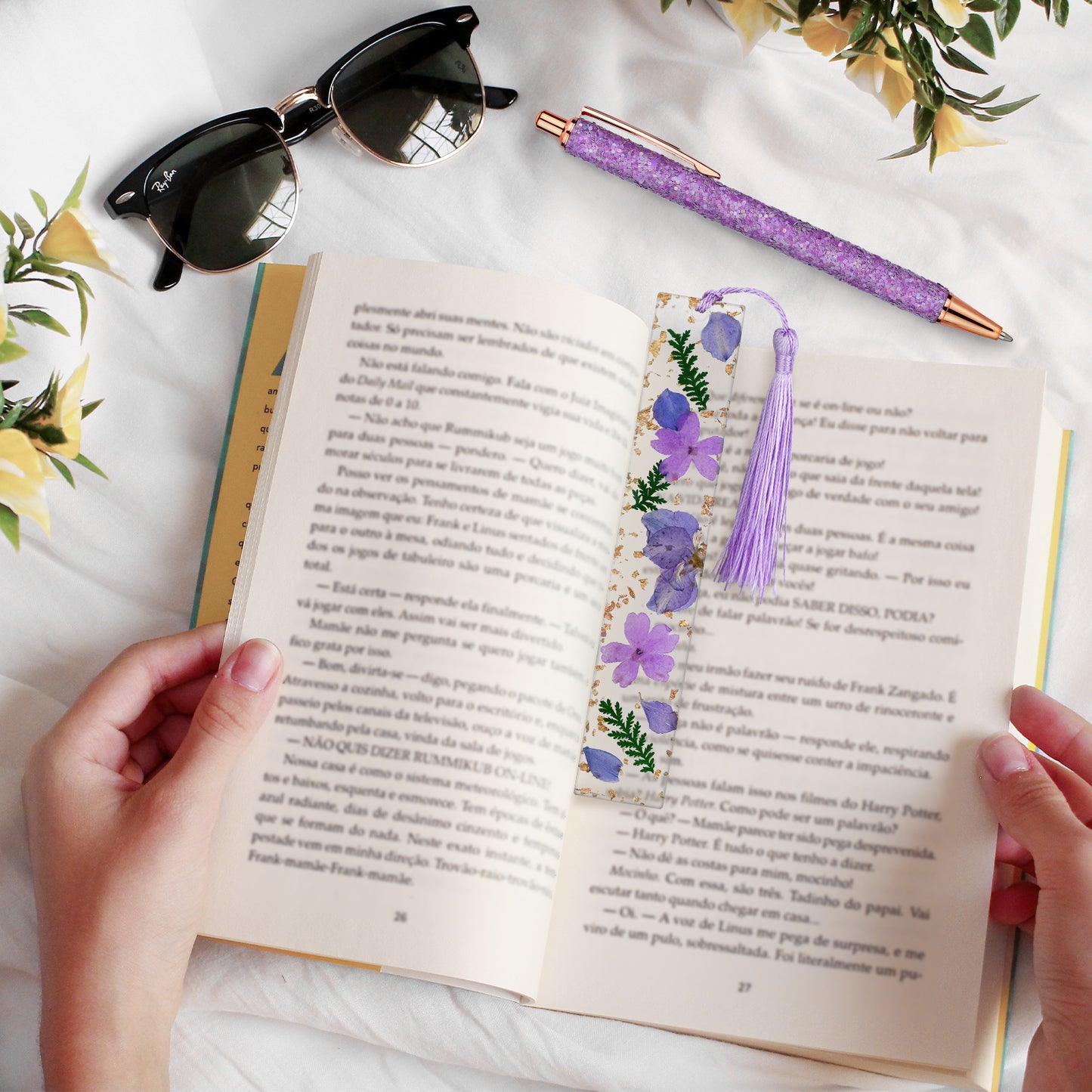 Flower Resin Bookmarks, Dried Flower Resin Bookmark with Fancy Pen Gift Set for Women, Book Lovers, Plant Enthusiasts(Purple)