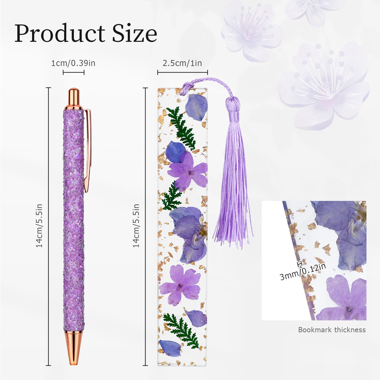 Flower Resin Bookmarks, Dried Flower Resin Bookmark with Fancy Pen Gift Set for Women, Book Lovers, Plant Enthusiasts(Purple)